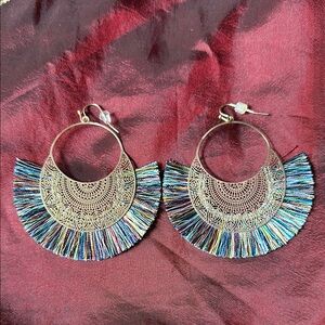 Gold and Blue Fan Tassel Earrings